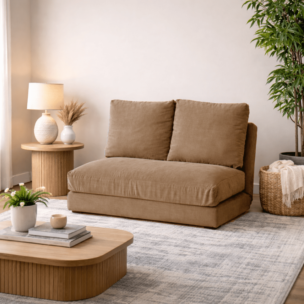 Sovesofa Japandi kamelbrunt stof 2-personers - lav ryg og justerbar - Taida