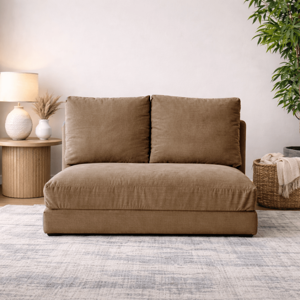 Sovesofa Japandi kamelbrunt stof 2-personers - lav ryg og justerbar - Taida