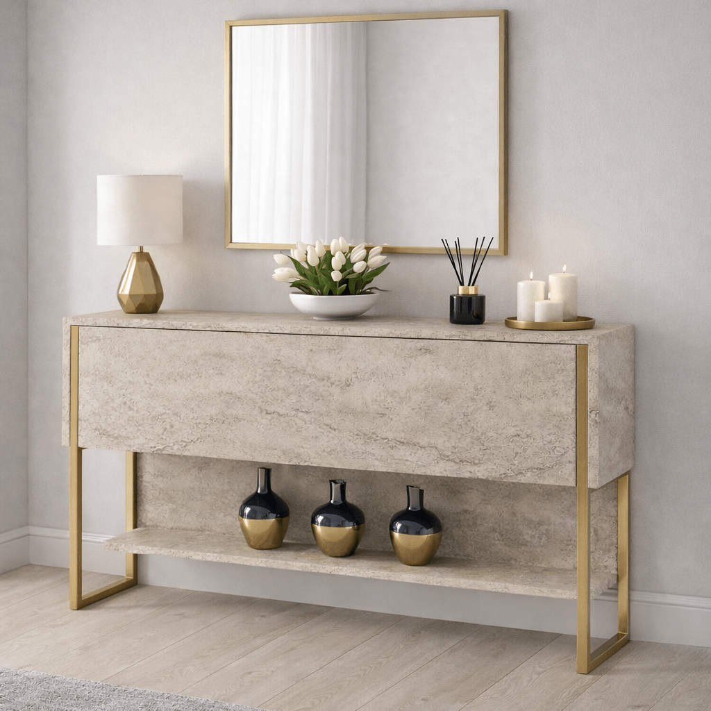 Moderne skænk Travertine Luxury 120x80x30 - Guldramme - Et rum