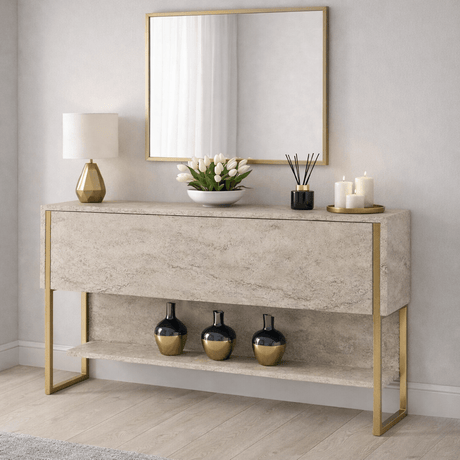 Dressoirs - Modern Dressoir Travertin Luxe 120x80x30 - Gouden Frame - Eén Vak - Dimehouse