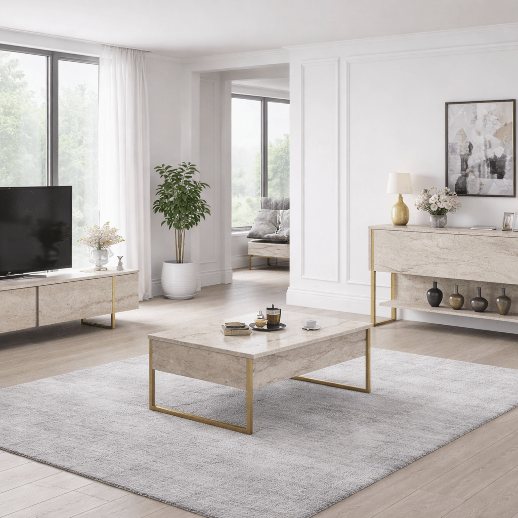 Moderne skænk Travertine Luxury 120x80x30 - Guldramme - Et rum