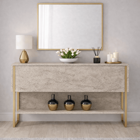 Dressoirs - Modern Dressoir Travertin Luxe 120x80x30 - Gouden Frame - Eén Vak - Dimehouse