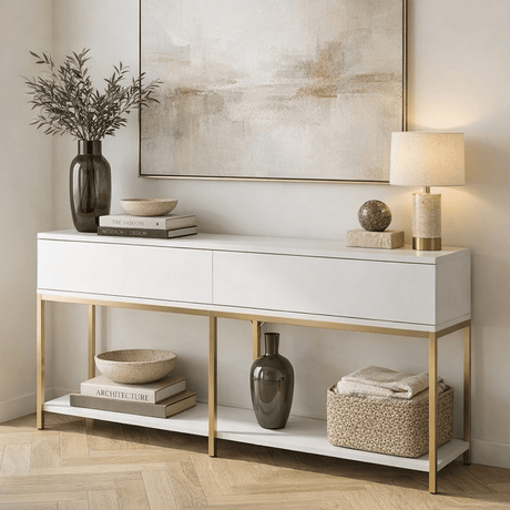 Dressoirs - Modern Dressoir Wit Lord 150x30x80 - Gouden Frame - Twee Vakken - Dimehouse