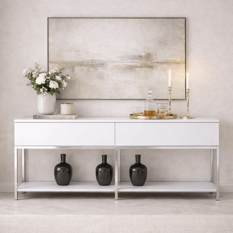 Dressoirs - Modern Dressoir Wit Lord 150x30x80 - Zilver Frame - Twee Vakken - Dimehouse