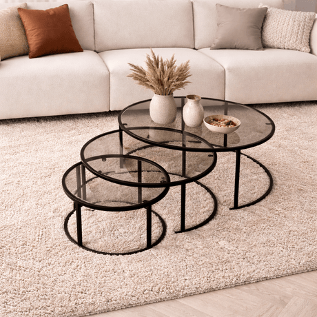 Salontafels - Moderne Salontafel Set van 3 Uru Zwart - Grijs Glas - 80/60/42 cm - Dimehouse