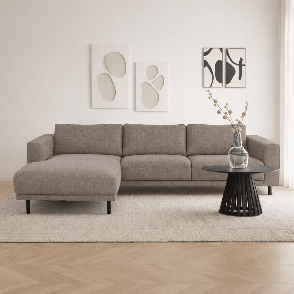 Banken - Moderne Hoekbank Links Taupe Stof Aniko met Chaise Longue 238x142x78 cm - Dimehouse