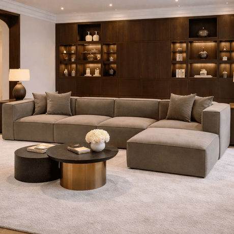 Banken - Modulaire XXL hoekbank taupe linnen 430 cm breed Sora - Dimehouse