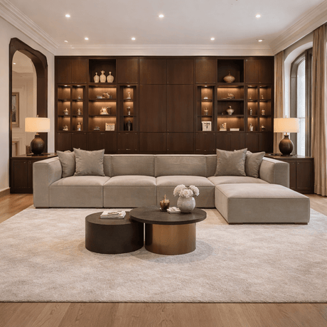 Banken - Modulaire XXL hoekbank cappucino linnen 430 cm Sora - Dimehouse
