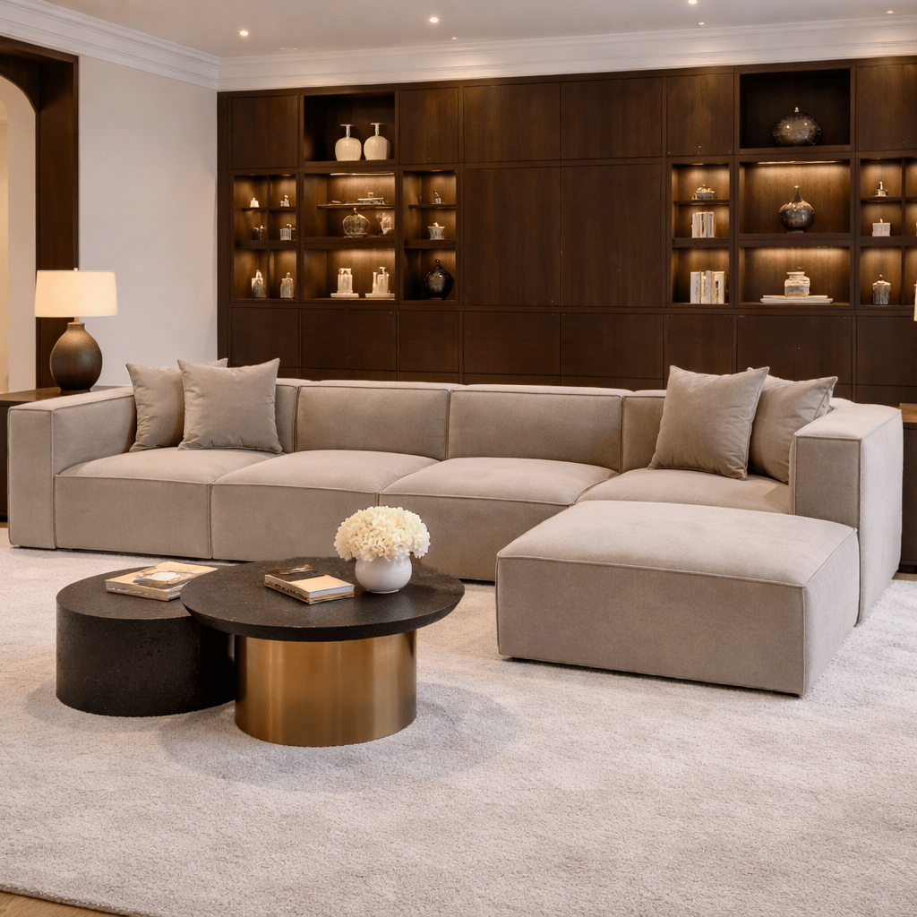 Banken - Modulaire XXL hoekbank cappucino linnen 430 cm Sora - Dimehouse