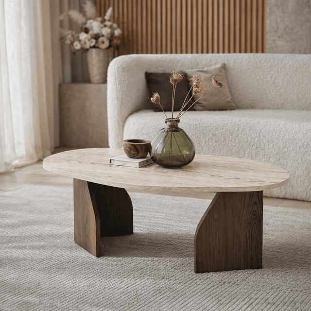 Salontafels - Organische Salontafel Japandi Walnoot met Travertin Melamine - 105x65 cm - Rack - Dimehouse