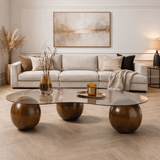Salontafels - Organische salontafel brons getint glas walnoot bolpoten Sphere 120x70 cm - Dimehouse