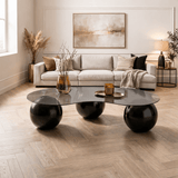 Salontafels - Organische salontafel grijs getint glas zwarte bolpoten Sphere 120x70 cm - Dimehouse