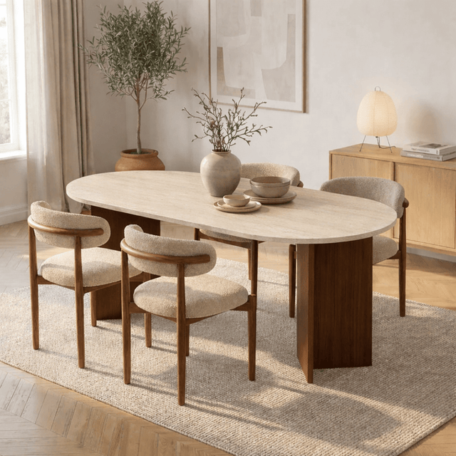 Eettafels - Ovale eettafel travertin blad - walnoot melamine - 180x89,5x75 cm - Sota - Dimehouse