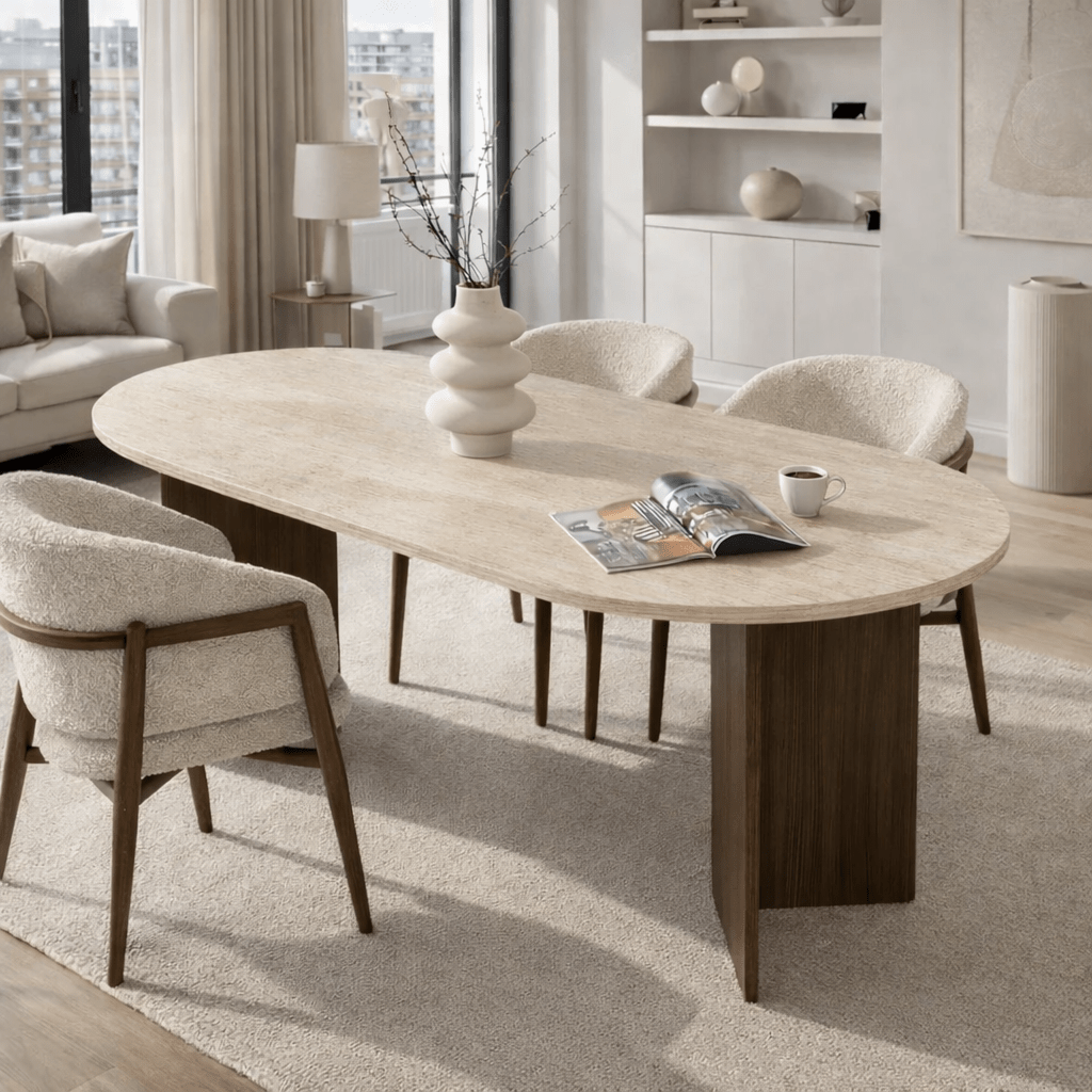 Eettafels - Ovale eettafel travertin blad - walnoot melamine - 180x89,5x75 cm - Sota - Dimehouse