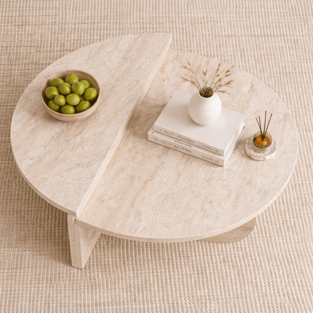 Salontafels - Ronde salontafel travertin melamine Orin 85 cm - Dimehouse