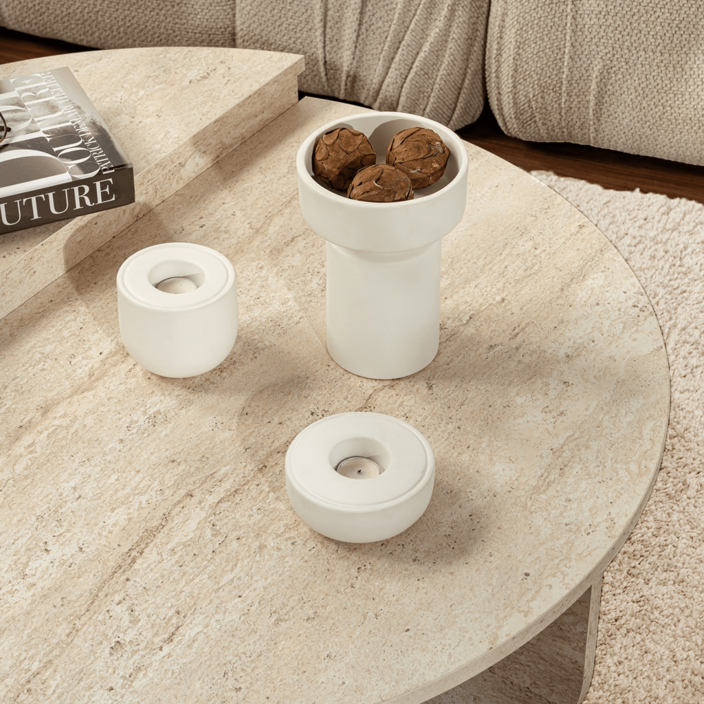 Salontafels - Ronde salontafel travertin melamine Orin 85 cm - Dimehouse