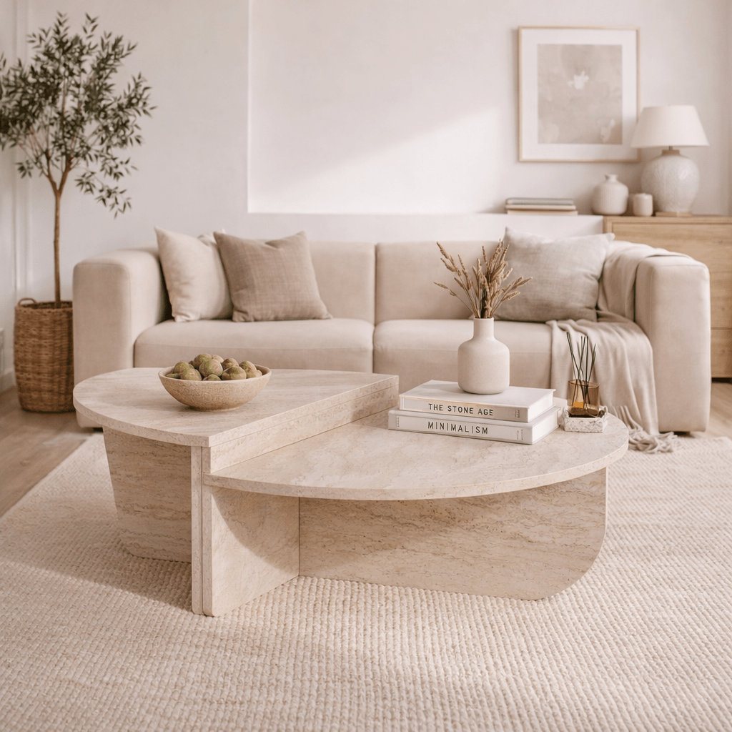 Salontafels - Ronde salontafel travertin melamine Orin 85 cm - Dimehouse