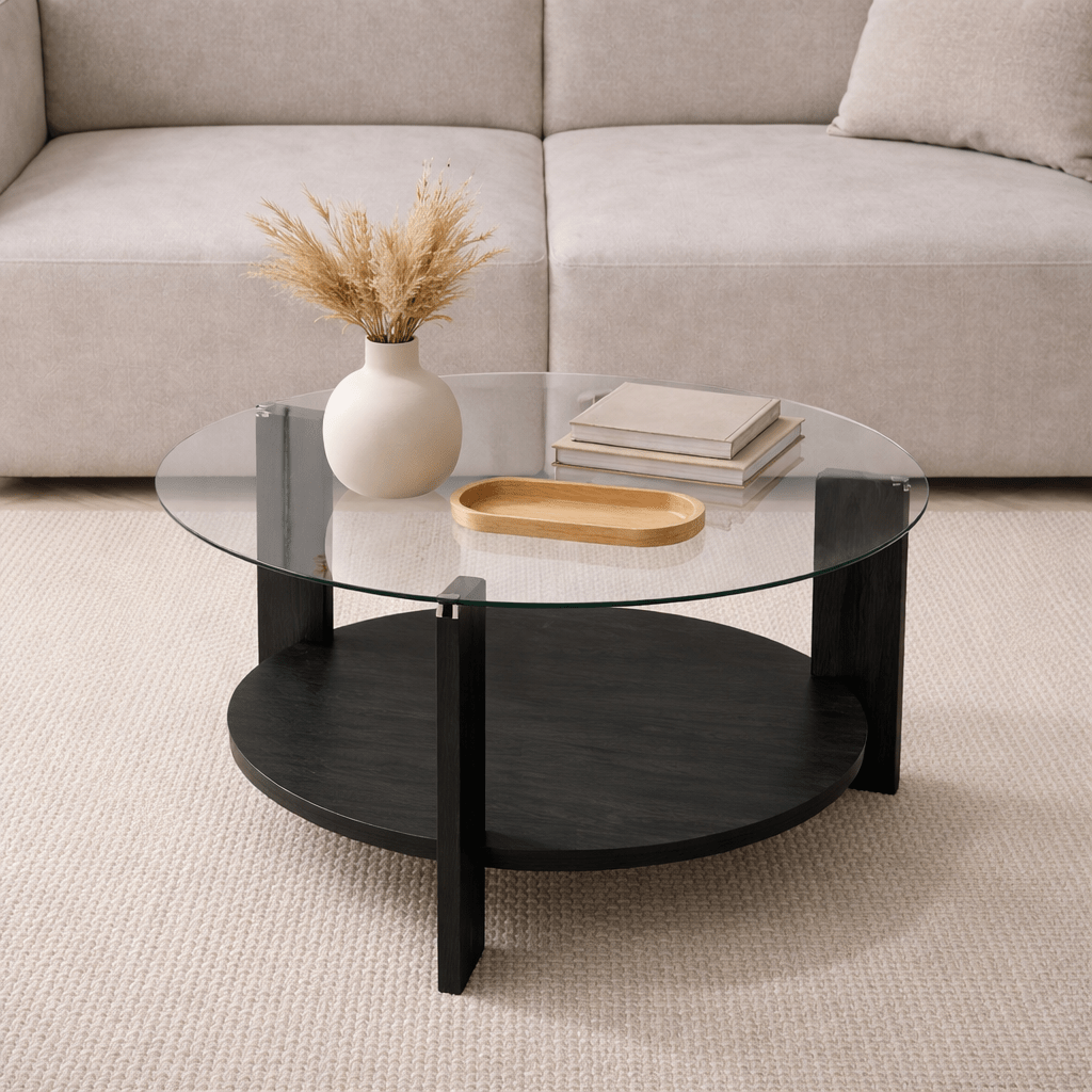 Salontafels - Ronde salontafel zwart melamine transparant glas Ø75 cm - Cairo - Dimehouse