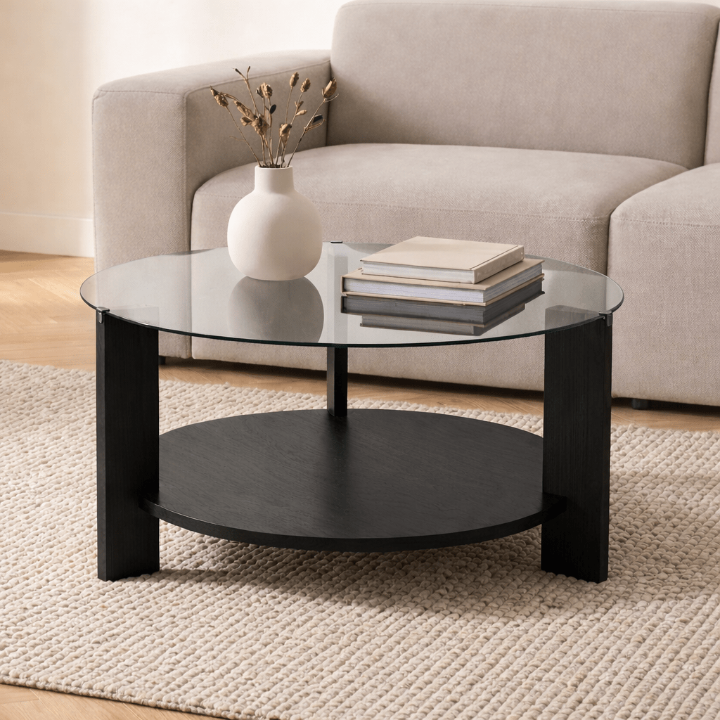 Salontafels - Ronde salontafel zwart melamine transparant glas Ø75 cm - Cairo - Dimehouse