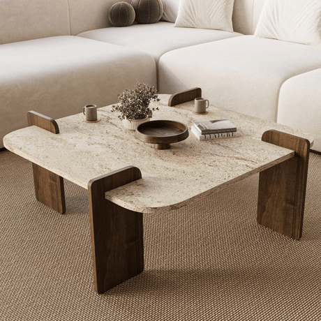 Salontafels - Japandi salontafel travertin met walnoot - melamine - 90 x 90 cm - Alfro - Dimehouse