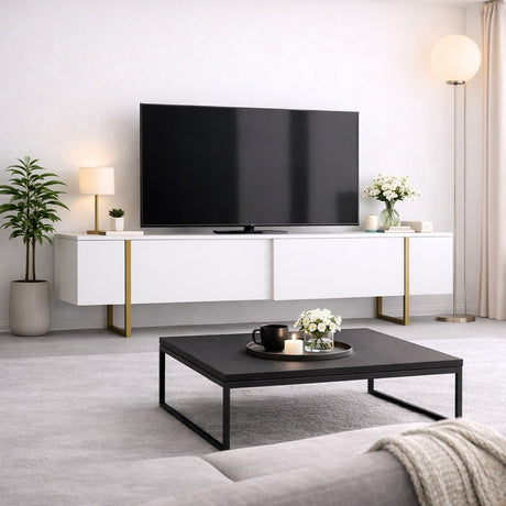 TV Meubels - TV Meubel Luxe Wit Goud Melamine 180x50x30 cm - Dimehouse