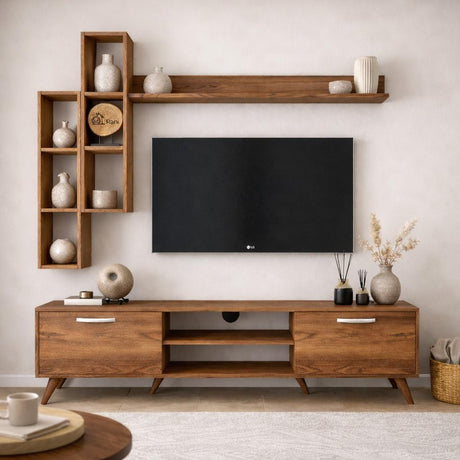 TV Meubels - TV Meubel Set Iona Walnoot Melamine 180x48,6x35 cm - Dimehouse