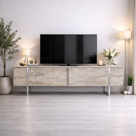 TV Meubels - TV Meubel Travertin Luxe 180x50x30 - Zilver Frame - Dimehouse