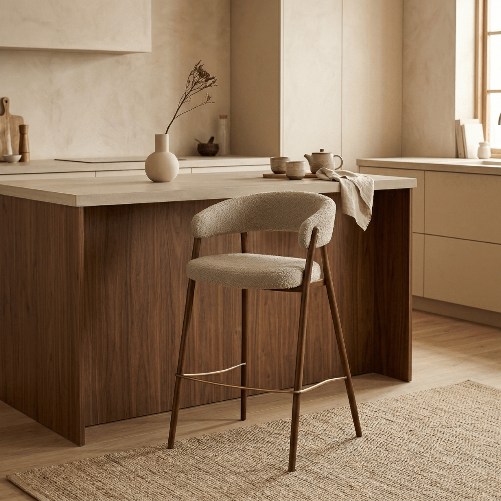 Barstol i bouclé sandfarve Ryo - stel i valnød-look - Japandi