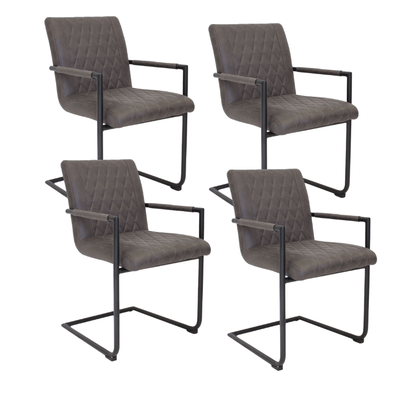 Eetkamerstoelen - Set van 4 Eetkamerstoelen Dean Industrieel Antraciet - Microvezel Stof - Met Armleuningen - Dimehouse