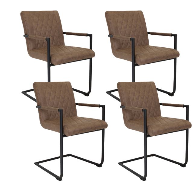 Eetkamerstoelen - Set van 4 Eetkamerstoelen Dean Industrieel Taupe - Microvezel Stof - Met Armleuningen - Dimehouse