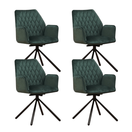 Eetkamerstoelen - Set van 4 Draaibare Eetkamerstoelen Novan Groen Velvet – 180° Draaibaar - Dimehouse