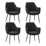 Eetkamerstoelen - Set van 4 Eetkamerstoelen Sev Zwart Chenille Stof - Met Armleuning - Dimehouse