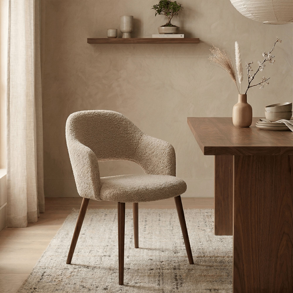 Japandi eetkamerstoel zandkleur bouclé Aki - walnoot frame - met armleuning