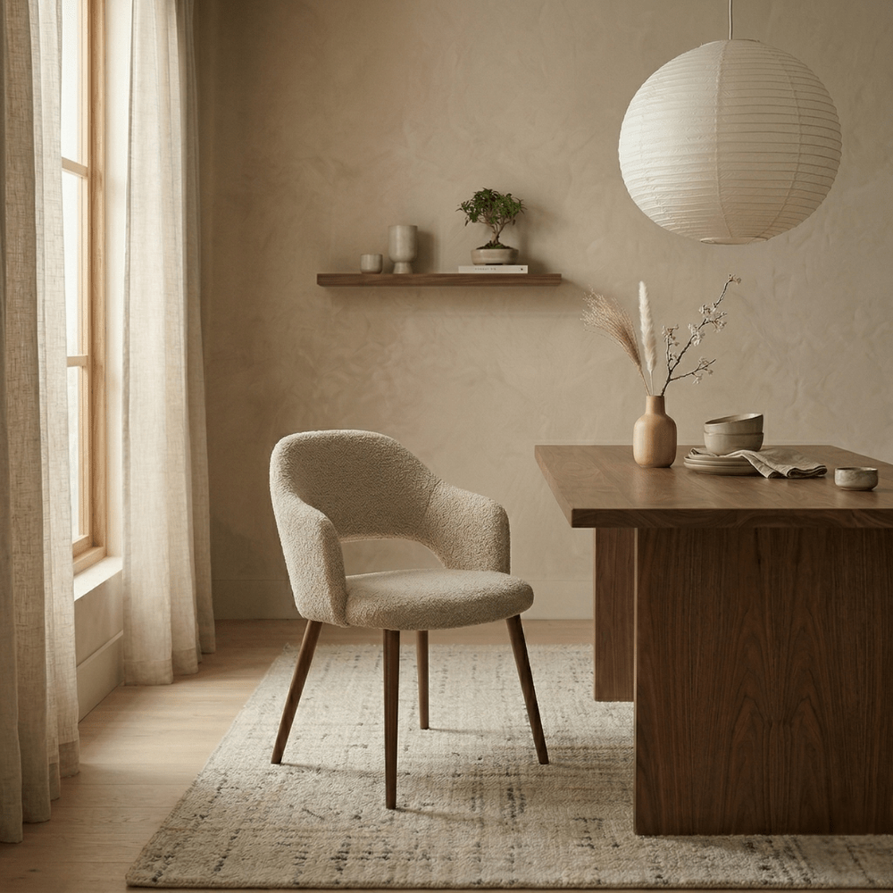 Japandi eetkamerstoel zandkleur bouclé Aki - walnoot frame - met armleuning