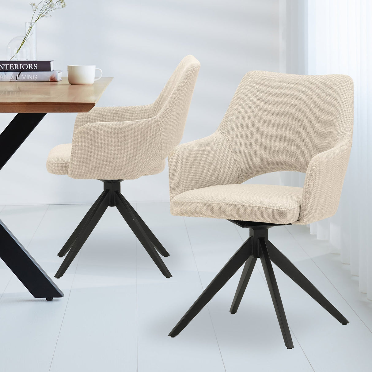 Moderne Drejelig Spisestuestol Beige Stof Sid - Med Armlæn