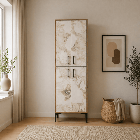 Wandkasten - Wandkast Walnoot Wit Marmer Melamine 200x60x35 cm - Berlin - Dimehouse