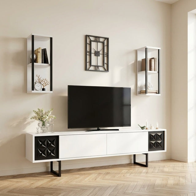TV-møbelsæt Black Line White Black Melamin 180x48x30 cm stemningsbillede i et moderne interiør