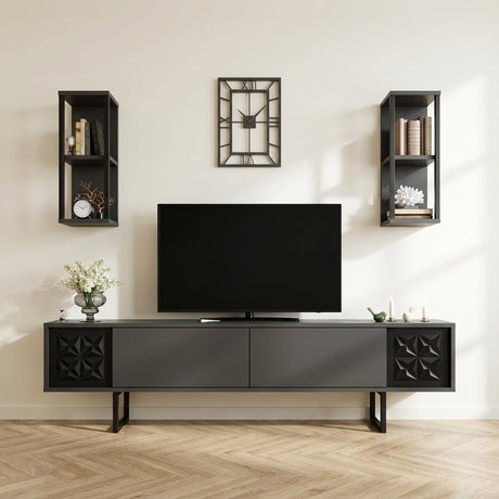 TV-møbelsæt Black Line Antracit Sort Melamin 180x48x30 cm stemningsbillede i moderne interiør