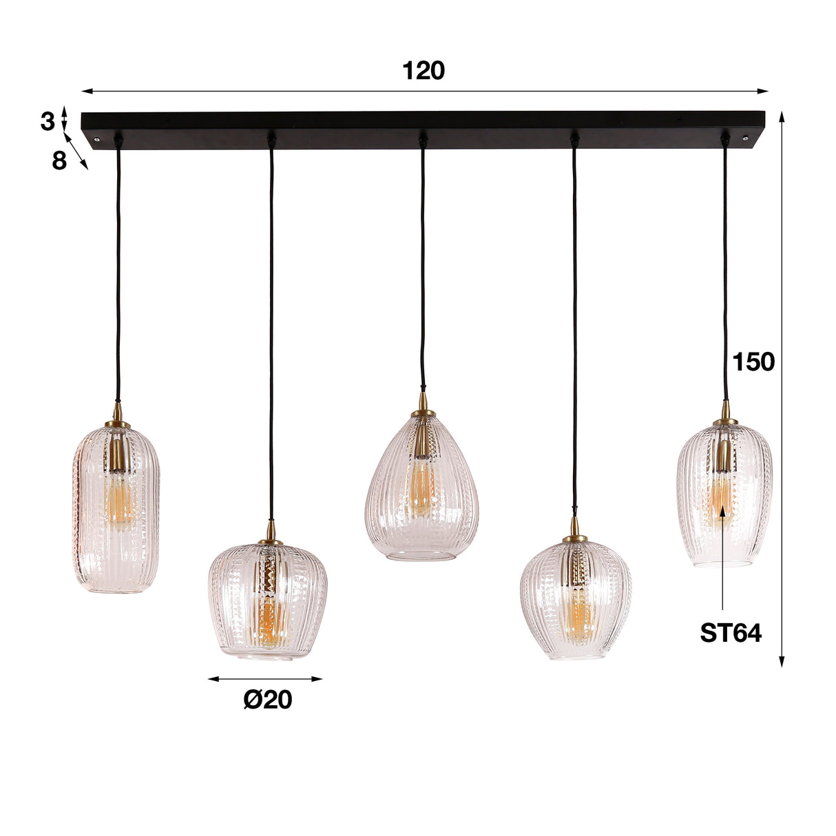 Hængelampe Anna DH Interiør Diamant LxBxH 130x47x29 Glas Hvid fotostørrelsesindikation