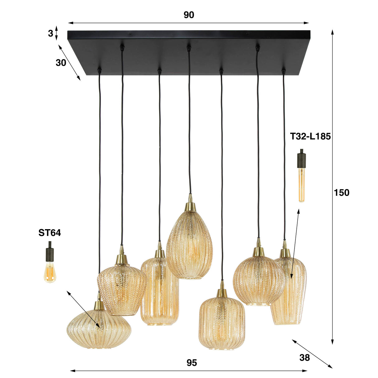 Hængelampe Olaf DH Interiør Ravfarvet glas LxBxH 96x47x46 Ravfarvet glas Hvid fotostørrelsesindikation