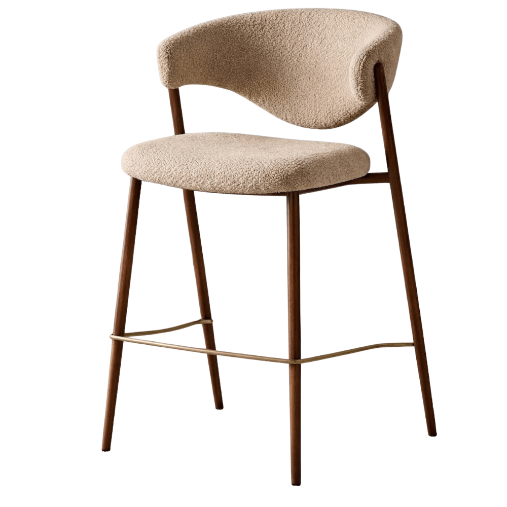 Barstoel bouclé zandkleur Kaito - walnootlook frame - Japandi